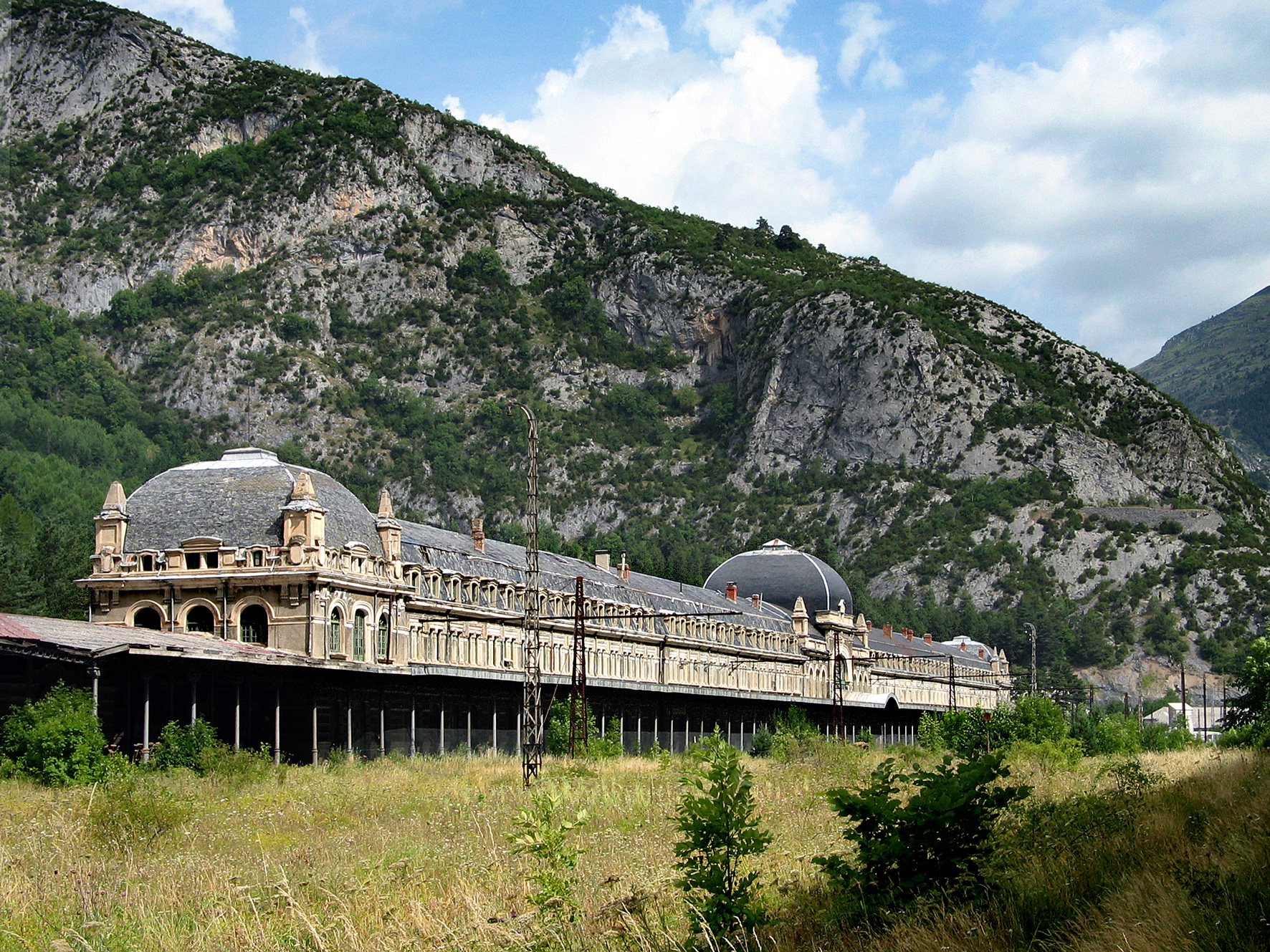 Fotografía con una vista general de la estación y la hierba donde debía haber vías y trenes
