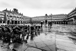 Fotografía en blanco y negro de la plaza bajo un intenso aguacero, con algunas personas paseando con paraguas y una terraza vacía